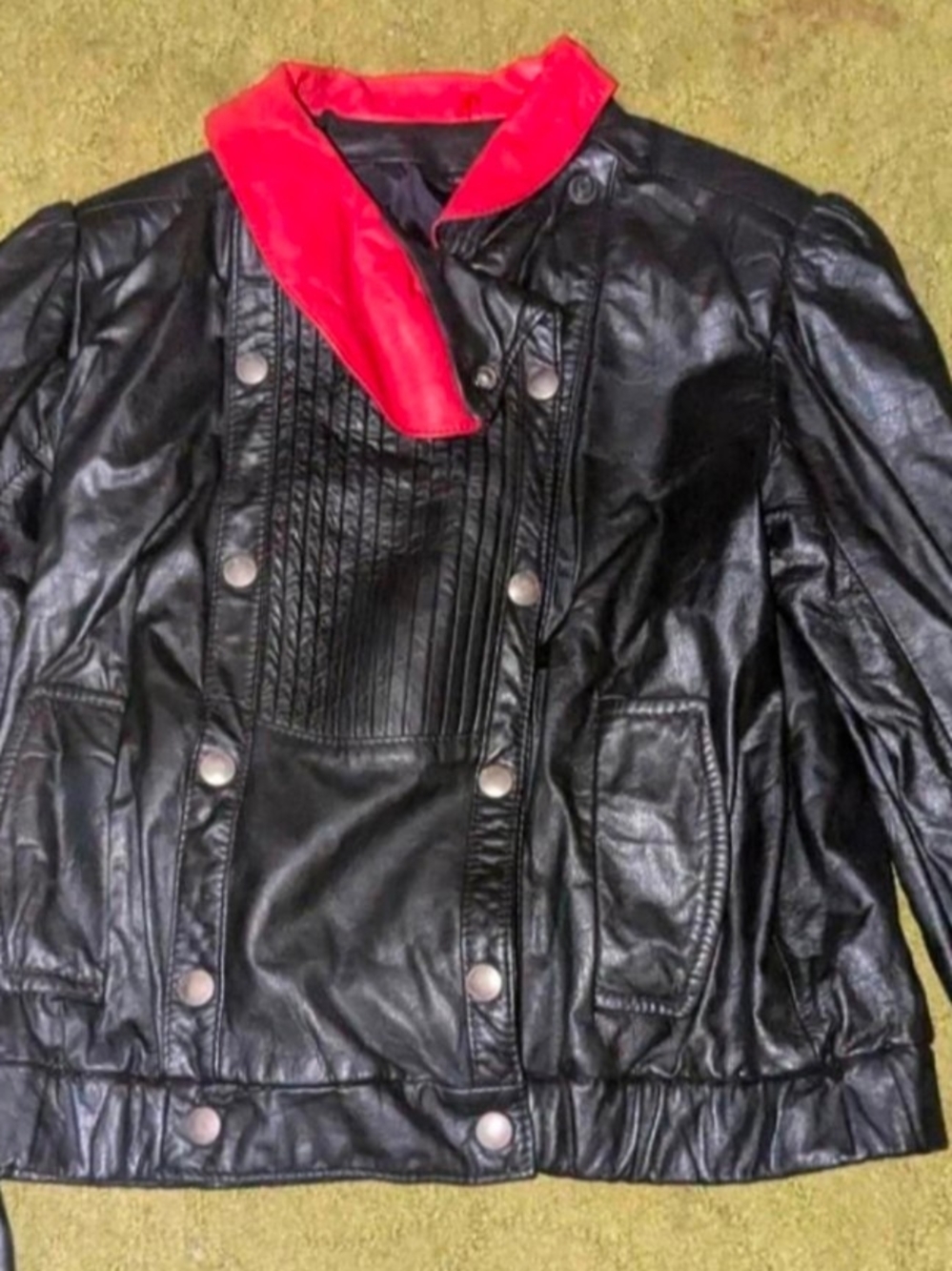 Black Faux Leather Jacket with Red Collar